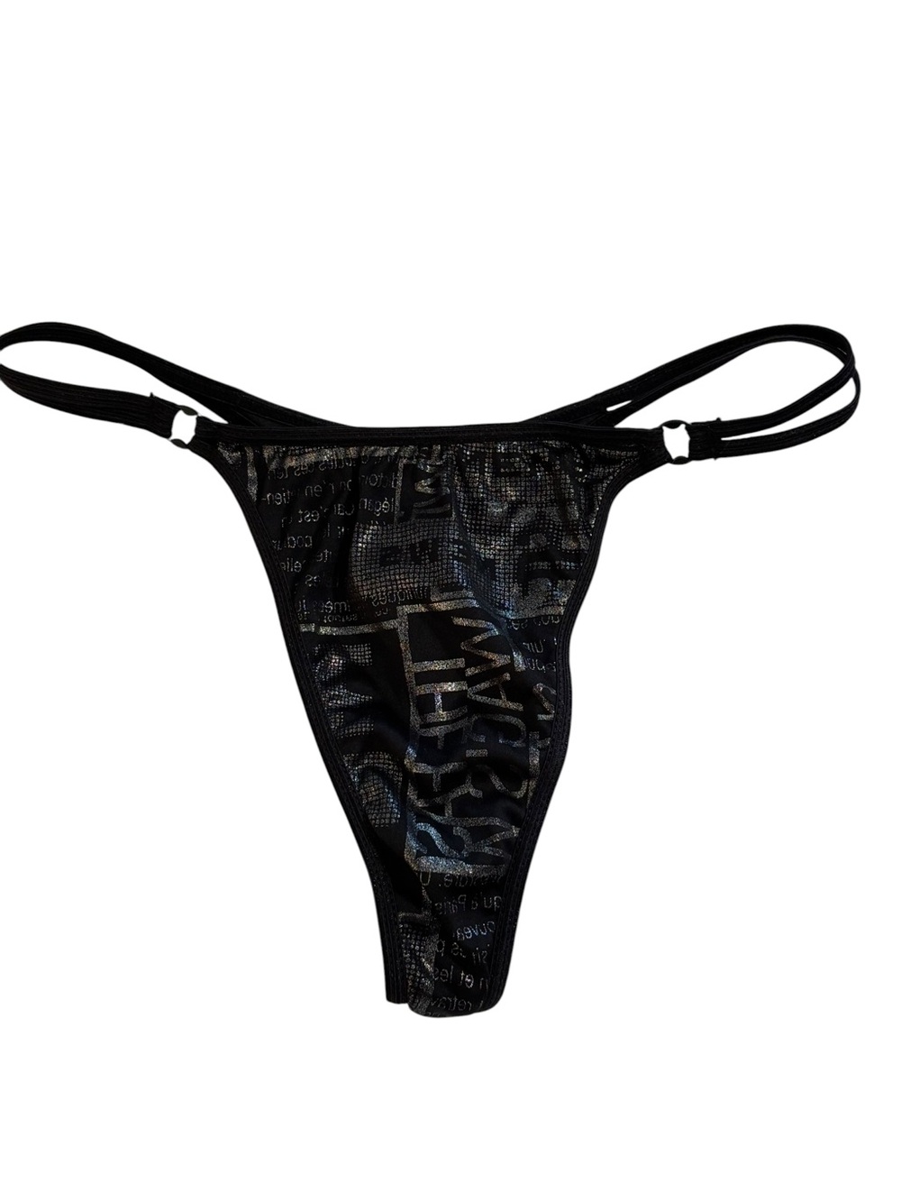 Vintage Planet Lingerie Size 7 Black Shiny Graphic Thong Panty Y2K